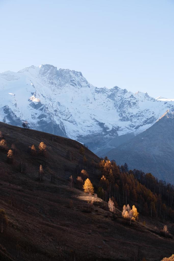 Vue panoramique des Alpes en octobre avec mélèzes flamboyants dans les écrins