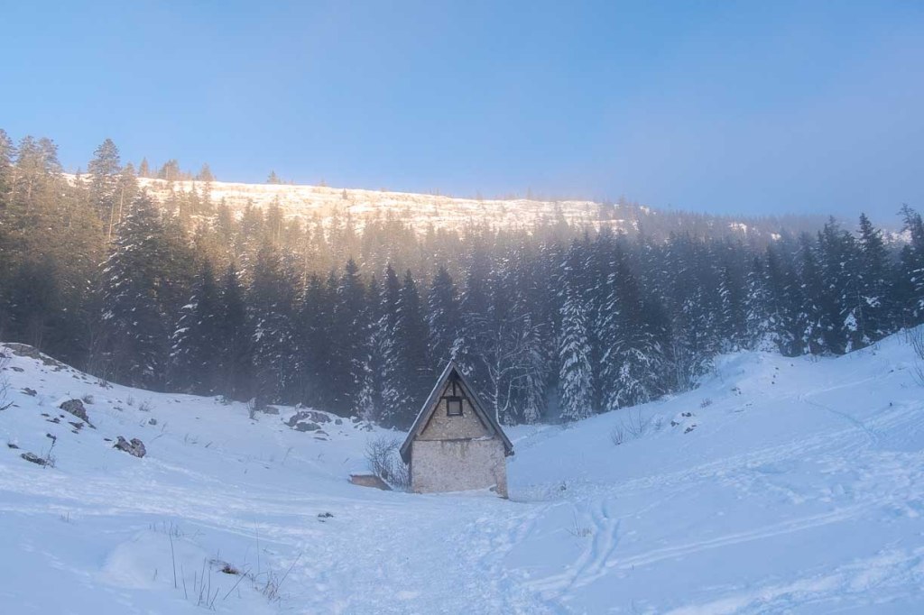 Refuge isolé dans la forêt enneigée du Vercors, ambiance calme et silencieuse d’hiver.